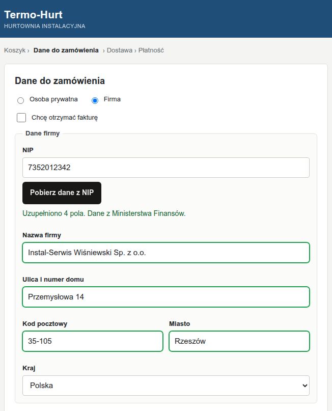Koszyk hurtowni instalacyjnej: po wpisaniu NIP nazwa firmy, ulica, kod i miasto są uzupełnione