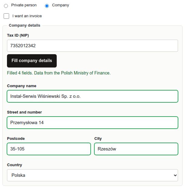Formularz po angielsku z przyciskiem Fill company details i komunikatem Filled 4 fields