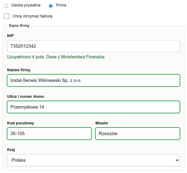 Formularz zamówienia bez przycisku, z polami firmy uzupełnionymi automatycznie po wpisaniu NIP
