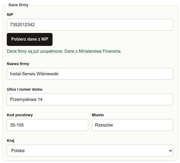 Formularz z komunikatem Dane firmy są już uzupełnione i nietkniętą nazwą firmy