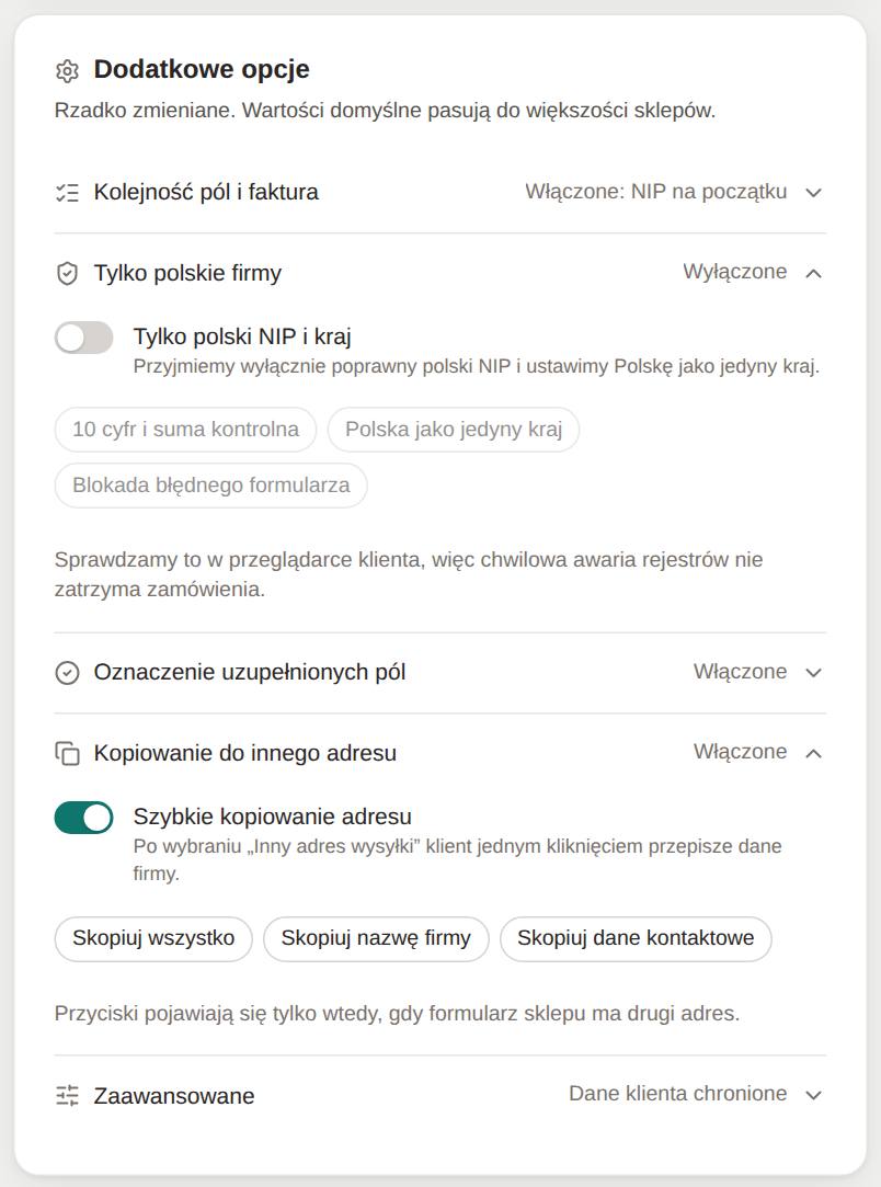 Rozwinięte opcje Tylko polskie firmy i Kopiowanie do innego adresu