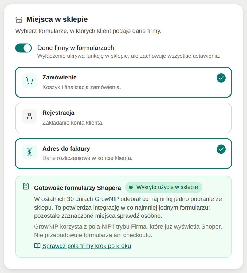 Karta Miejsca w sklepie w panelu GrowNIP z przełącznikami Zamówienie, Rejestracja i Adres do faktury