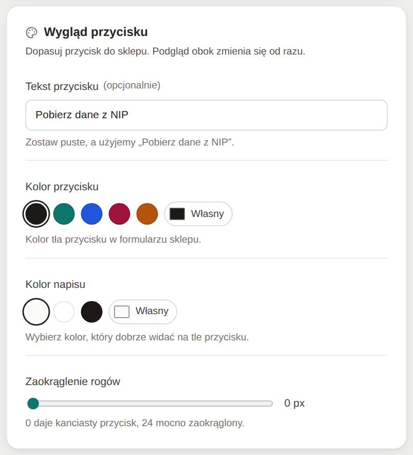 Karta Wygląd przycisku z paletą kolorów i suwakiem zaokrąglenia