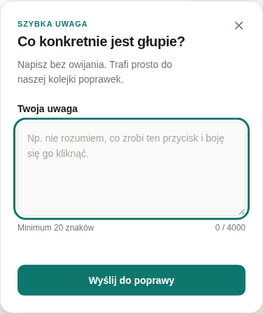 Formularz szybkiej uwagi w panelu GrowNIP w jasnym lub ciemnym motywie