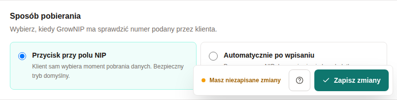 Sekcja GrowNIP z wyborem ręcznego lub automatycznego pobierania danych