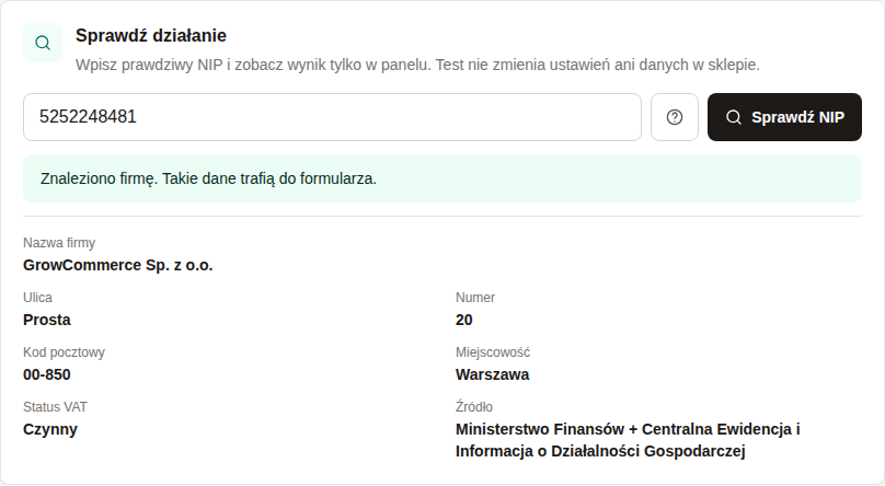 Wynik bezpiecznego testu NIP w panelu GrowNIP
