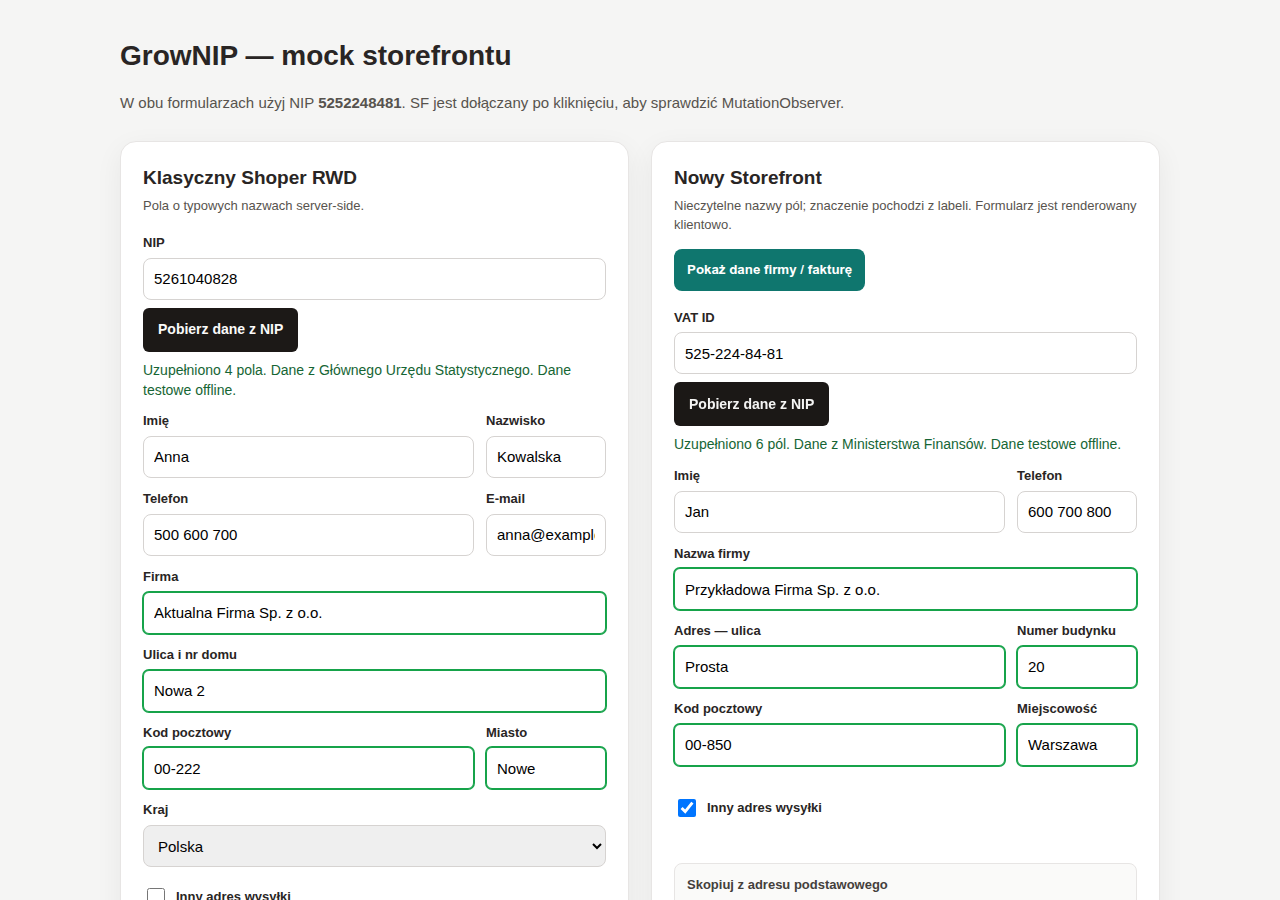 Przycisk GrowNIP i uzupełnione dane firmy w formularzu sklepu